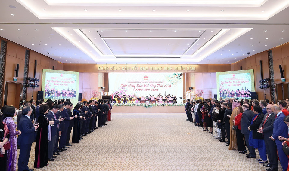 Tiệc chiêu đãi Đoàn Ngoại giao nhân dịp Tết cổ truyền Giáp Thìn 2024. (Ảnh: Dương Giang/TTXVN)