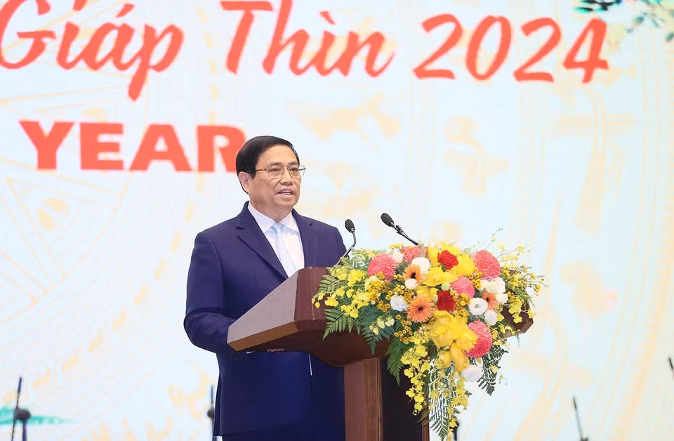 Thủ tướng Phạm Minh Chính chủ trì tiệc chiêu đãi Đoàn Ngoại giao nhân dịp Tết cổ truyền Giáp Thìn 2024. (Ảnh: Dương Giang/TTXVN)
