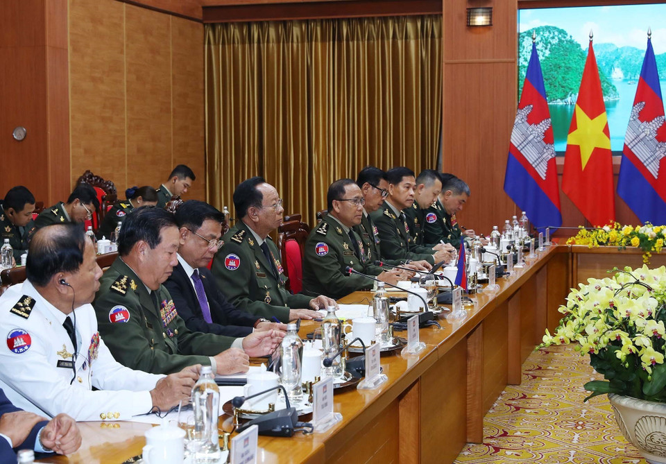 Đại tướng Tea Banh, Phó Thủ tướng, Bộ trưởng Quốc phòng Vương quốc Campuchia tại buổi hội đàm. (Ảnh: Trọng Đức/TTXVN)