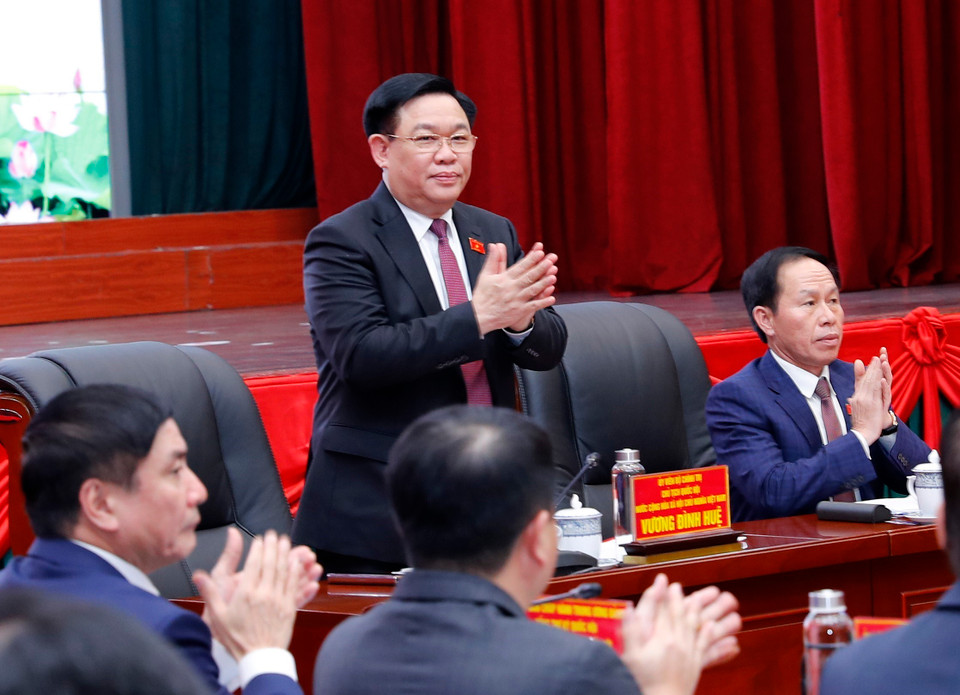 Chủ tịch Quốc hội Vương Đình Huệ tại buổi làm việc với Ban Chấp hành Đảng bộ thành phố Hải Phòng. (Ảnh: Nhan Sáng/TTXVN)