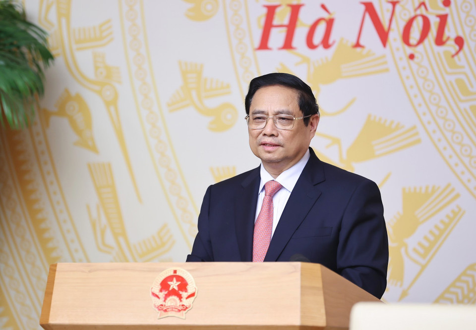 Thủ tướng Phạm Minh Chính phát biểu tại buổi làm việc với cán bộ chủ chốt Học viện Chính trị quốc gia Hồ Chí Minh. (Ảnh: Dương Giang/TTXVN)