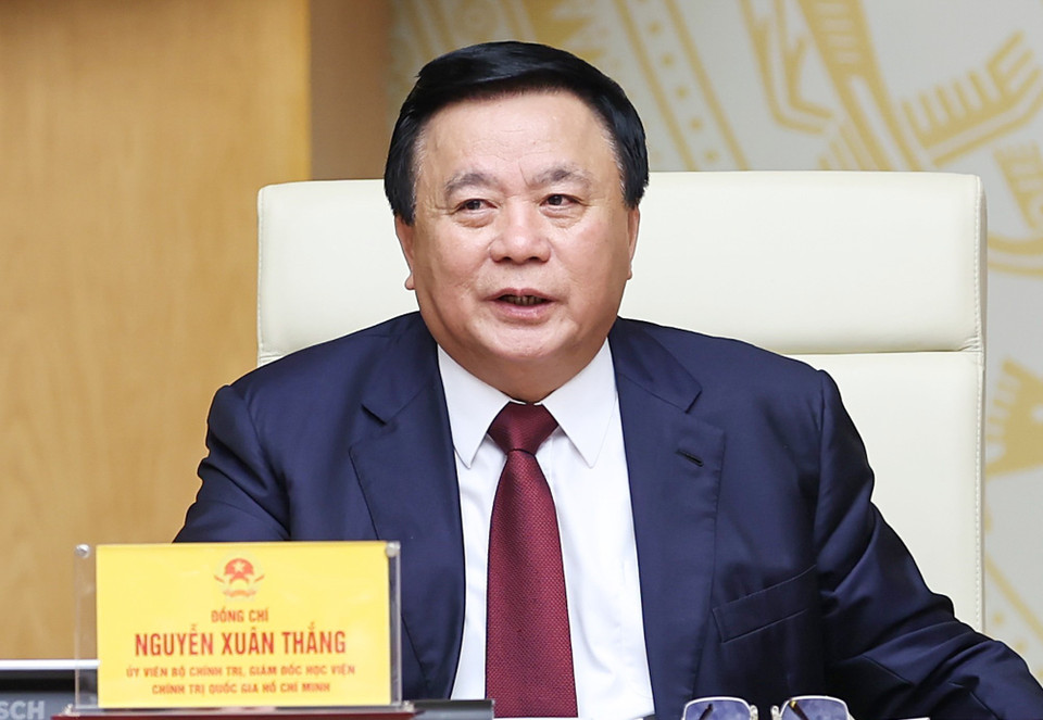 Giáo sư-tiến sỹ Nguyễn Xuân Thắng, Ủy viên Bộ Chính trị, Giám đốc Học viện Chính trị Quốc gia Hồ Chí Minh phát biểu. (Ảnh: Dương Giang/TTXVN)