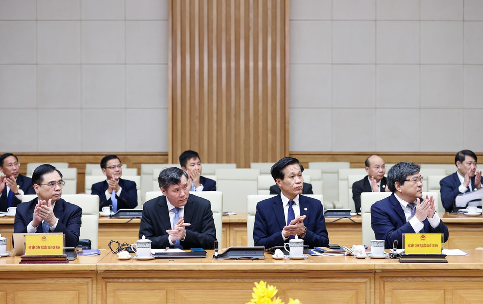 Cán bộ chủ chốt Học viện Chính trị Quốc gia Hồ Chí Minh tham dự buổi làm việc. (Ảnh: Dương Giang/TTXVN)