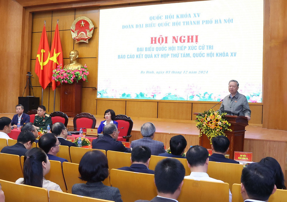 Tổng Bí thư Tô Lâm phát biểu tại buổi tiếp xúc cử tri. (Ảnh: Văn Điệp/TTXVN)