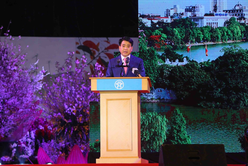 Ông Nguyễn Đức Chung, Chủ tịch Ủy ban Nhân dân thành phố Hà Nội phát biểu tại buổi lễ. (Ảnh: Thành Đạt/TTXVN)