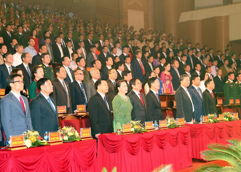 Chủ tịch Quốc hội Nguyễn Thị Kim Ngân và các đại biểu dự lễ kỷ niệm. (Ảnh: Trọng Đức/TTXVN)