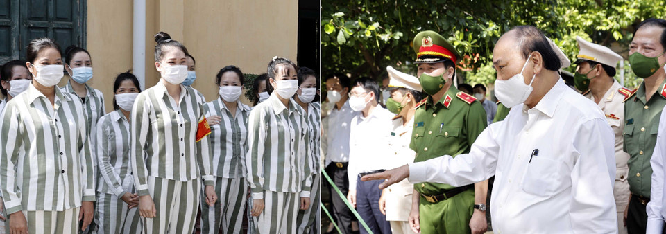 Chủ tịch nước Nguyễn Xuân Phúc thăm hỏi, động viên các phạm nhân tại Trại giam Ngọc Lý. (Ảnh: Thống Nhất/TTXVN)