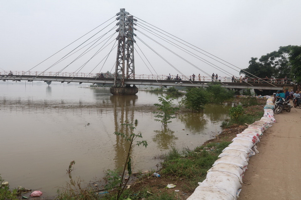 Đắp bao cát chống tràn đê. (Ảnh: TTXVN)