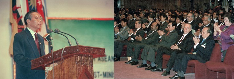 Bộ trưởng Ngoại giao Nguyễn Mạnh Cầm phát biểu tại Hội nghị thường niên Bộ trưởng Ngoại giao ASEAN lần thứ 28, sáng 29/7/1995, sau khi ký vào bản Tuyên bố kết nạp Việt Nam trở thành thành viên chính thức của ASEAN. (Ảnh: Trần Sơn/TTXVN)