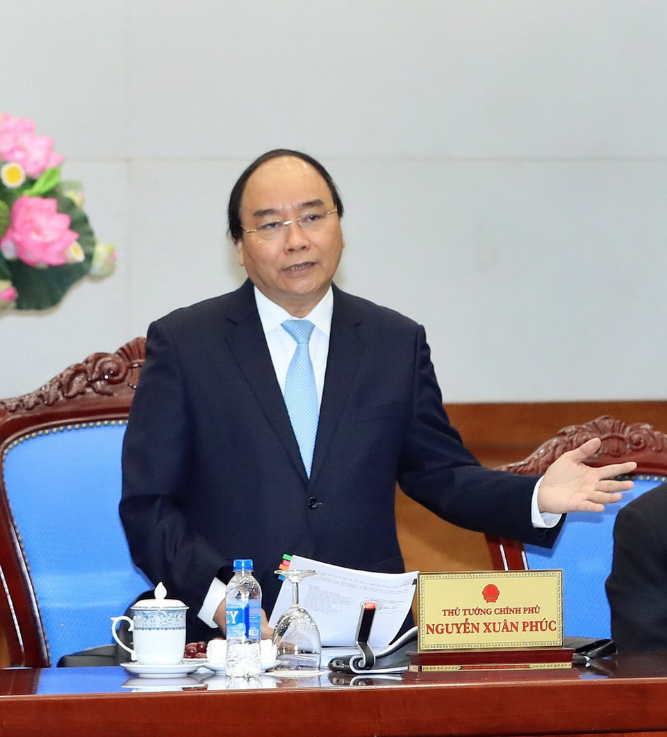 Thủ tướng Nguyễn Xuân Phúc và các đại biểu tham dự buổi làm việc. (Ảnh: Thống Nhất/TTXVN)