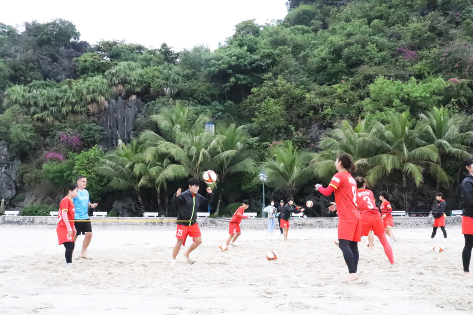 Các cầu thủ tập động tác đỡ bóng bằng đầu. (Ảnh TTXVN phát)