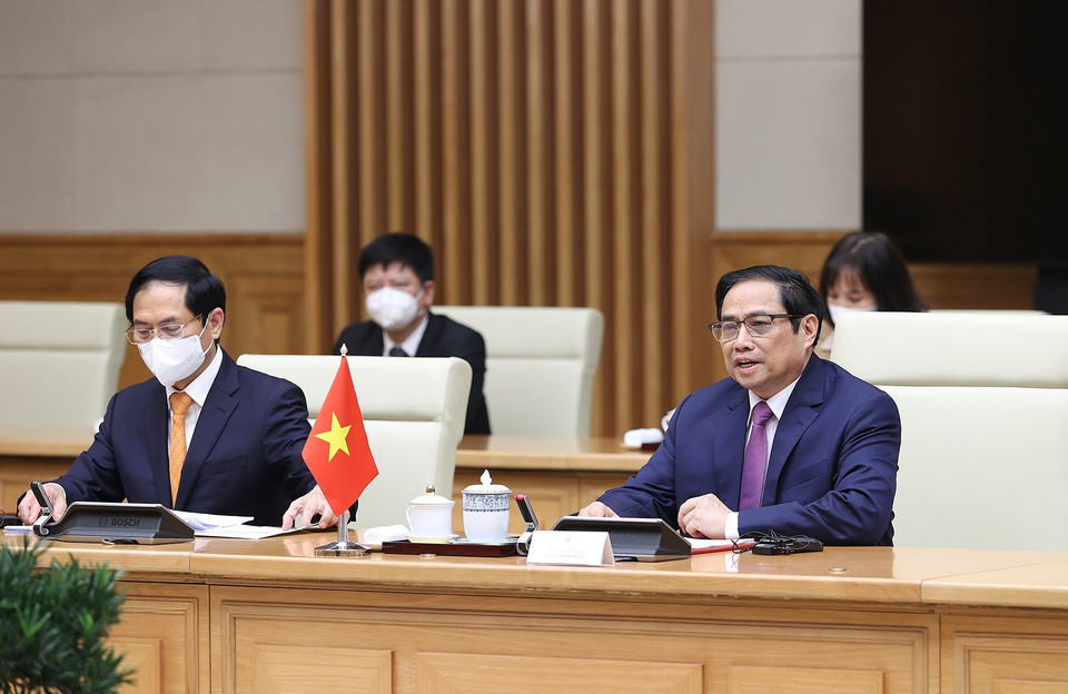 Thủ tướng Phạm Minh Chính phát biểu tại cuộc hội kiến Tổng thống Cộng hòa Sierra Leone Julius Maada Bio. (Ảnh: Dương Giang/TTXVN)