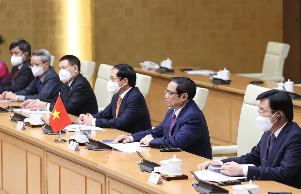 Thủ tướng Phạm Minh Chính và các thành viên đoàn Việt Nam tham dự buổi hội kiến. (Ảnh: Dương Giang/TTXVN)