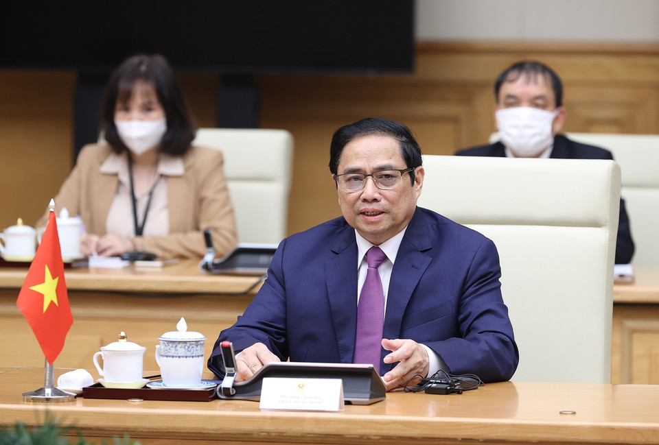 Thủ tướng Phạm Minh Chính phát biểu tại cuộc hội kiến Tổng thống Cộng hòa Sierra Leone Julius Maada Bio. (Ảnh: Dương Giang/TTXVN)