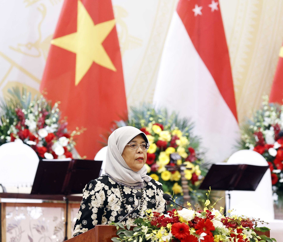 Tổng thống Singapore Halimah Yacob phát biểu. (Ảnh: Thống Nhất/TTXVN)