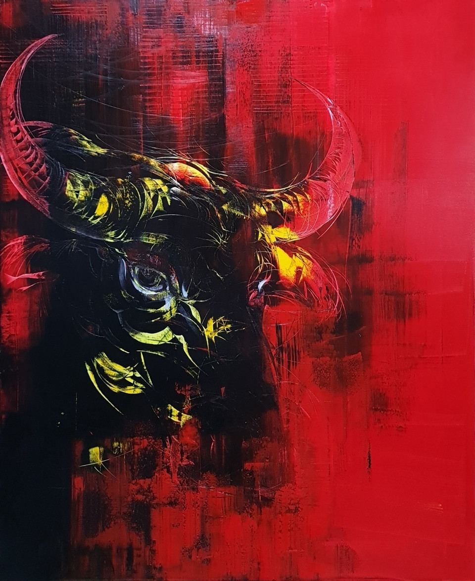 Tranh 'Tự sự' do họa sỹ Hùng sáng tác. (Ảnh: Văn Dũng/TTXVN)