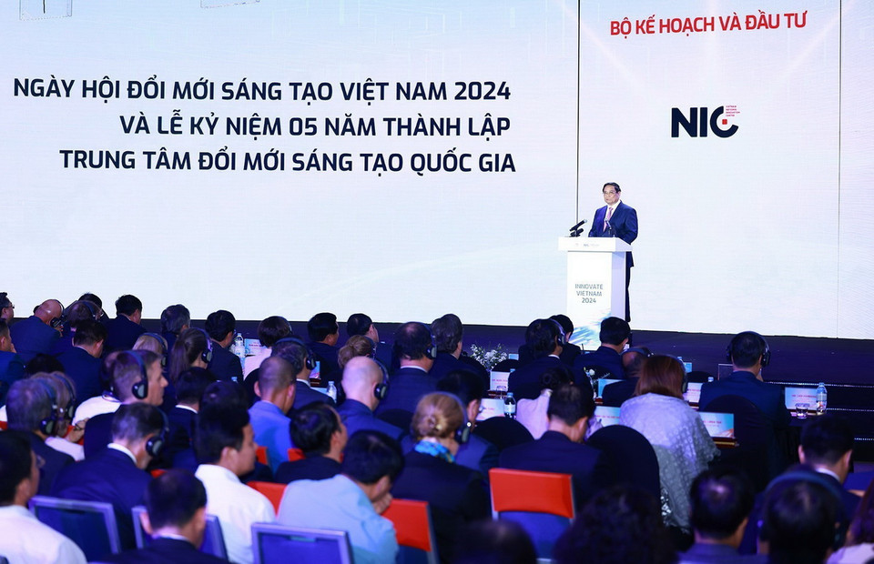 Thủ tướng Phạm Minh Chính phát biểu tại Ngày hội đổi mới sáng tạo Việt Nam năm 2024. (Ảnh: Dương Giang/TTXVN)