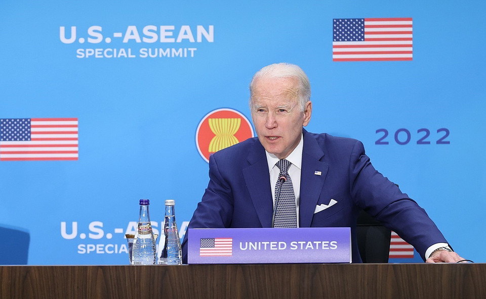 Tổng thống Hoa Kỳ Joseph Robinette Biden Jr. phát biểu tại Hội nghị cấp cao đặc biệt ASEAN-Hoa Kỳ. (Ảnh: Dương Giang/TTXVN)