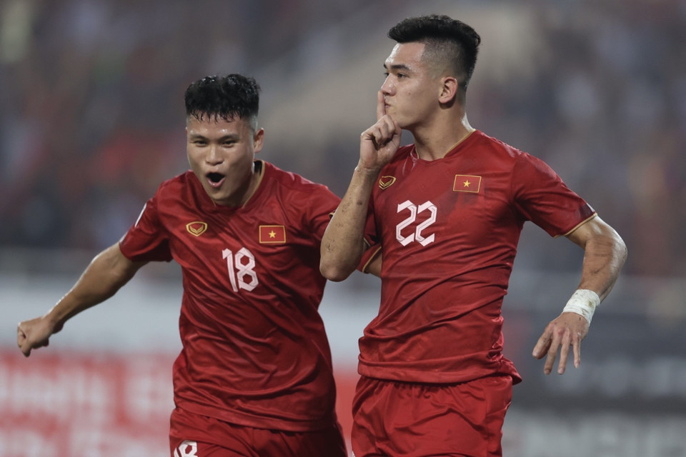 Tiến Linh ghi bàn mở tỷ số ở phút 24 của trận đấu. (Ảnh: Hoàng Linh/TTXVN)