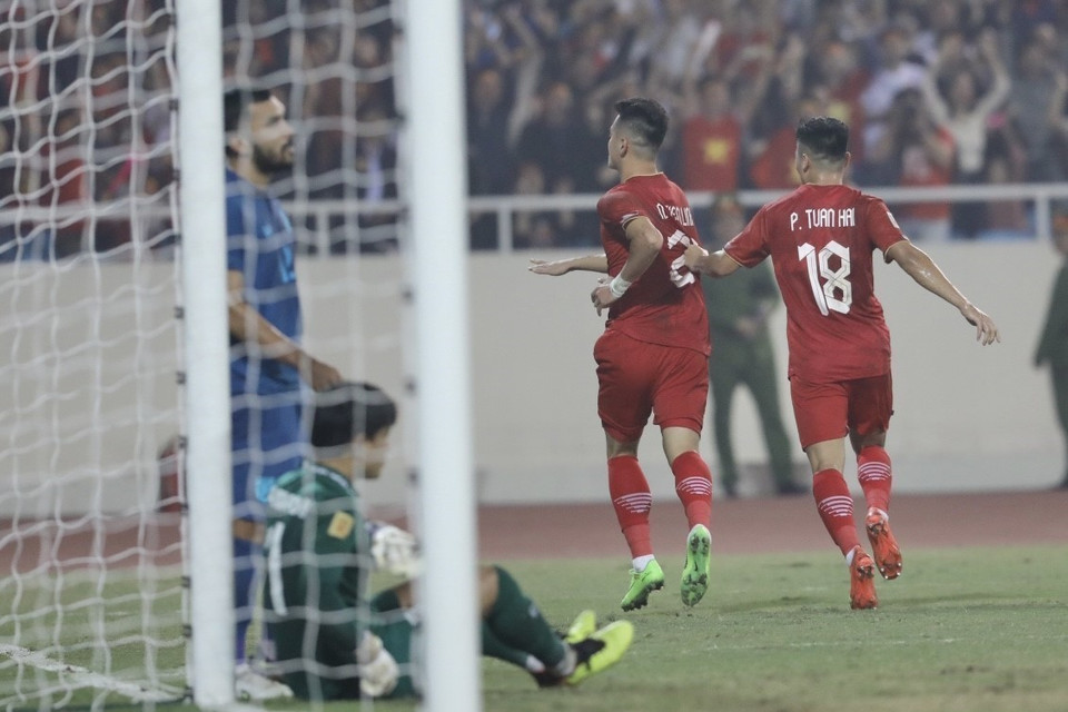 Tiến Linh ghi bàn ở phút 24. (Ảnh: Hoàng Linh/TTXVN)