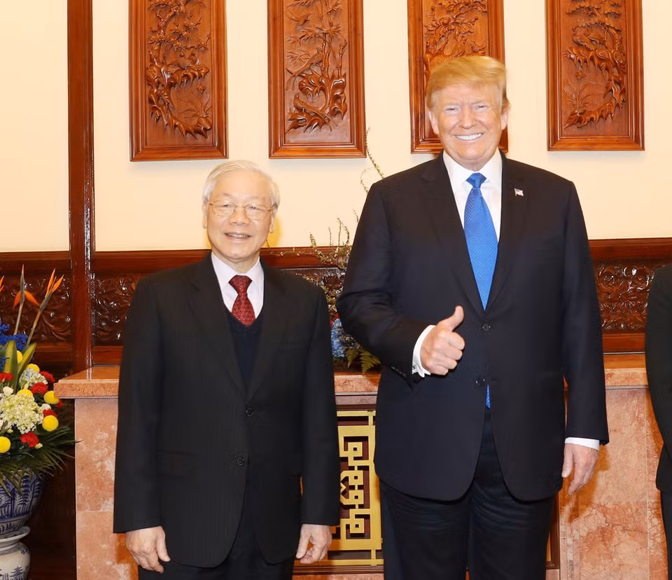 Tổng Bí thư, Chủ tịch nước Nguyễn Phú Trọng tiếp riêng Tổng thống Mỹ Donald Trump. (Ảnh: Trí Dũng/TTXVN)