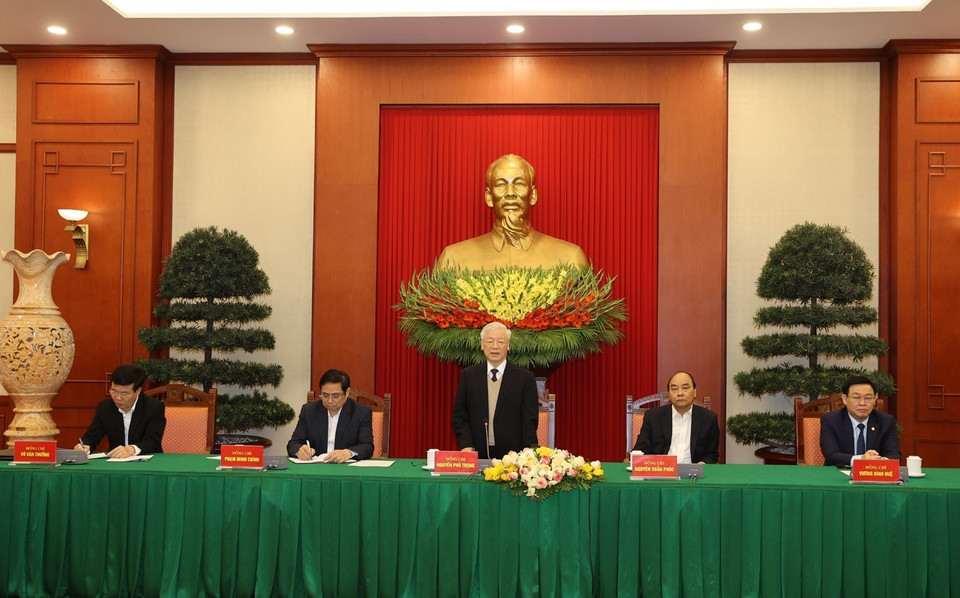 Tổng Bí thư, Chủ tịch nước Nguyễn Phú Trọng phát biểu tại buổi gặp mặt. (Ảnh: Trí Dũng/TTXVN)