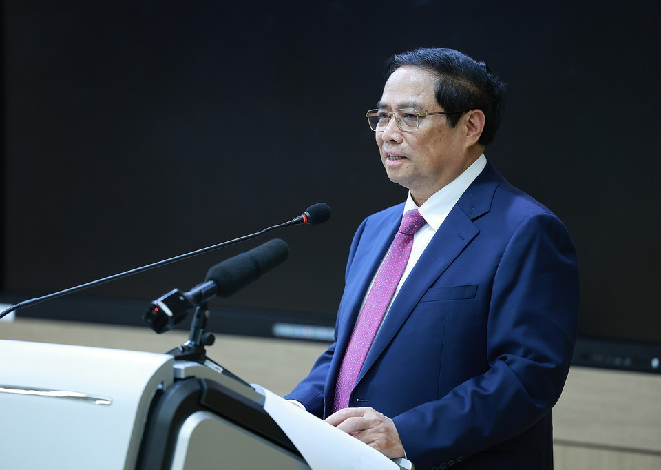 Thủ tướng Phạm Minh Chính phát biểu về chính sách của Việt Nam tại Đại học Quốc gia Seoul. (Ảnh: Dương Giang/TTXVN)