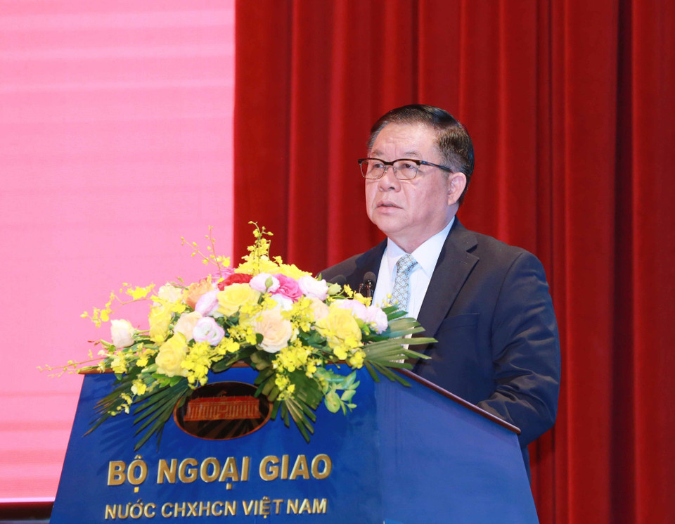 Ông Nguyễn Trọng Nghĩa, Bí thư Trung ương Đảng, Trưởng Ban Tuyên giáo Trung ương, Trưởng Ban Chỉ đạo Công tác Thông tin Đối ngoại phát biểu kết luận. (Ảnh: Phương Hoa/TTXVN)