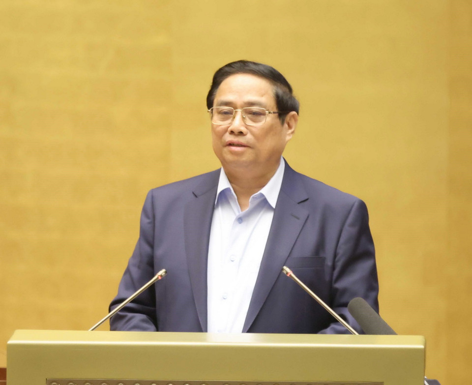 Ủy viên Bộ Chính trị, Thủ tướng Chính phủ Phạm Minh Chính truyền đạt chuyên đề tại hội nghị. (Ảnh: Phương Hoa/TTXVN)