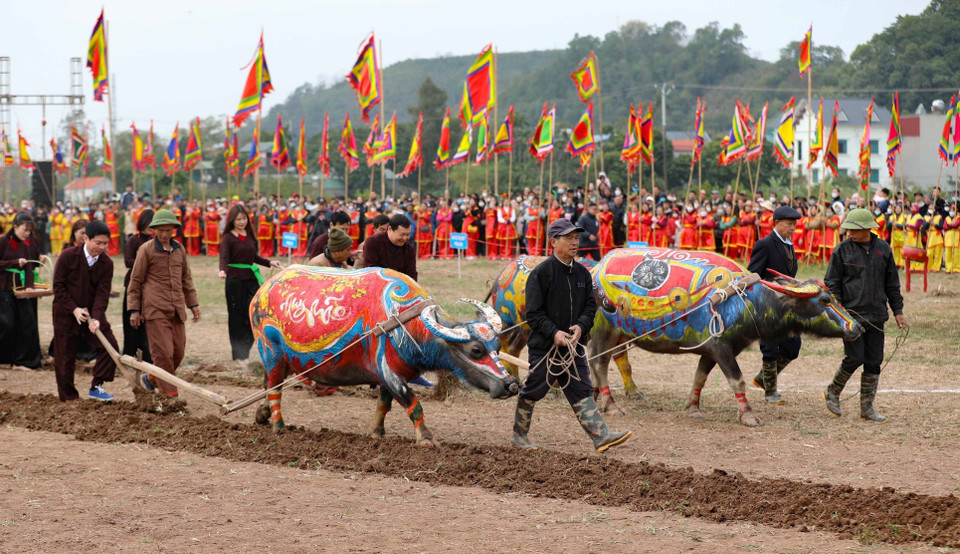 Thực hiện nghi thức với đường cày đầu Xuân tại Lễ khai hội Tịch điền Đọi Sơn năm 2023. (Ảnh: Thanh Tùng/TTXVN)