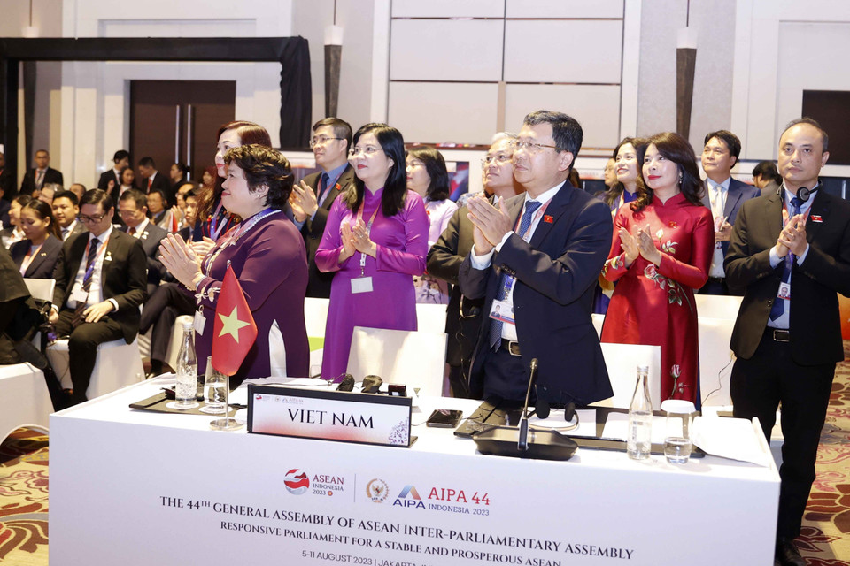 Đoàn đại biểu Quốc hội Việt Nam dự Phiên toàn thể thứ nhất Đại Hội đồng AIPA-44. (Ảnh: Doãn Tấn/TTXVN)