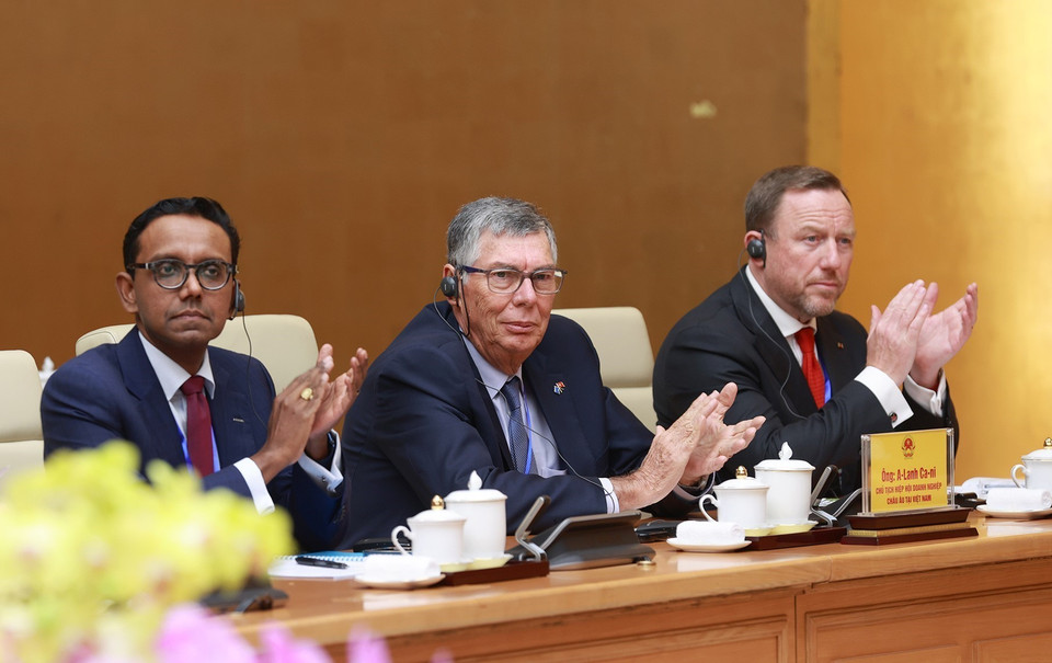 Đại diện Hội đồng kinh doanh EU-ASEAN và Hiệp hội Doanh nghiệp châu Âu tại Việt Nam dự buổi tiếp. (Ảnh: Dương Giang/TTXVN)