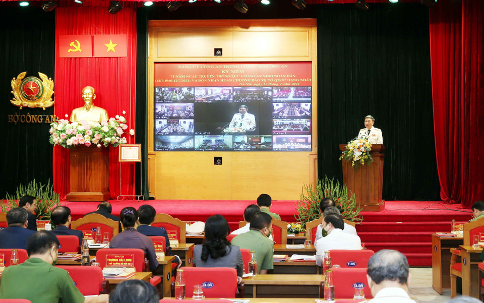 Đại tướng Tô Lâm, Ủy viên Bộ Chính trị, Bộ trưởng Bộ Công an phát biểu. (Ảnh: Phạm Kiên/TTXVN)