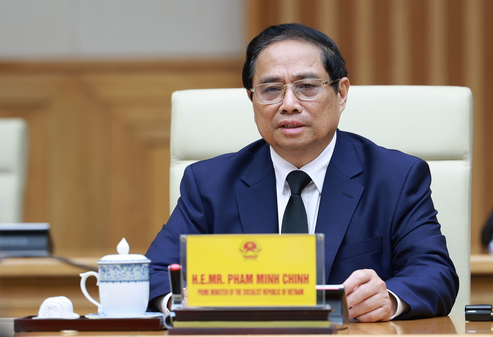 Thủ tướng Phạm Minh Chính phát biểu tại cuộc tiếp Chủ tịch Đảng Nhân dân Campuchia Samdech Hun Sen. (Ảnh: Dương Giang/TTXVN)