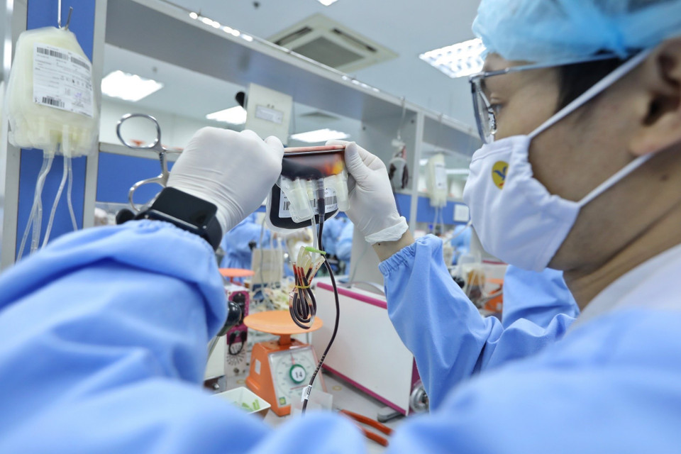 Công đoạn tách hồng cầu.(Ảnh: Minh Quyết/ TTXVN)