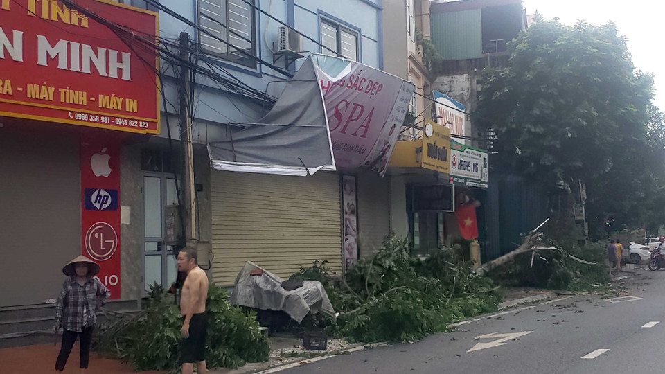 Cây đổ, biển quảng cáo rách nát tại đường Mê Linh, thành phố Vĩnh Yên. (Ảnh: Hoàng Hùng/TTXVN)