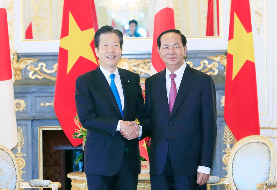 Chủ tịch nước Trần Đại Quang tiếp Chủ tịch Đảng Công Minh Natsuo Yamaguchi. (Ảnh: Nhan Sáng/TTXVN)