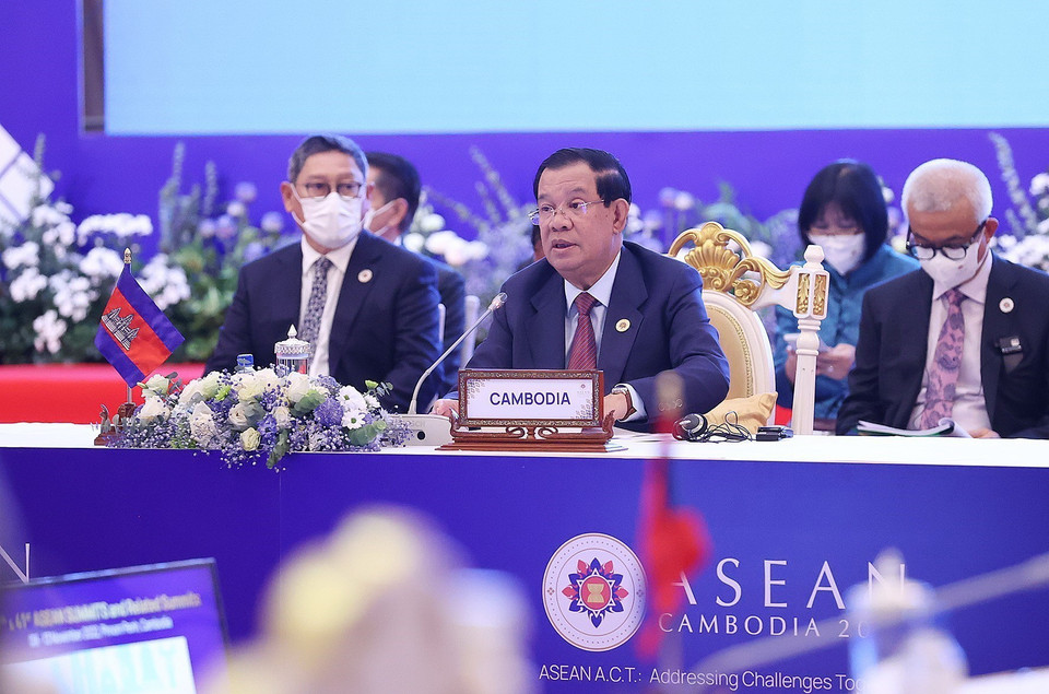 Thủ tướng Campuchia, Chủ tịch ASEAN 2022 Samdech Techo Hun Sen phát biểu khai mạc hội nghị. (Ảnh: Dương Giang/TTXVN)
