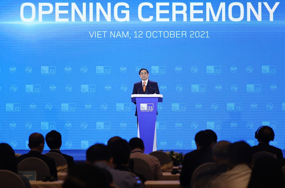 Thủ tướng Phạm Minh Chính phát biểu tại Triển lãm Thế giới số 2021. (Ảnh: Dương Giang/TTXVN)