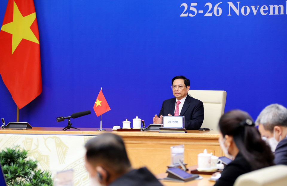 Thủ tướng Chính phủ Phạm Minh Chính phát biểu tại Hội nghị Cấp cao Á-Âu (ASEM) lần thứ 13. (Ảnh: Lâm Khánh/TTXVN)