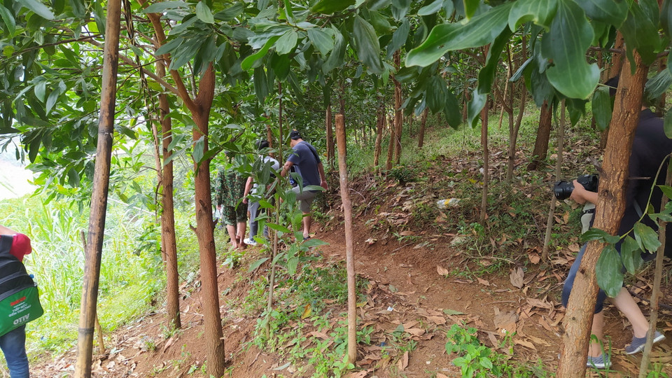 Lực lượng cứu hộ băng rừng Phước Lộc để tiếp cận xã Phước Sơn. (Ảnh: Quốc Dũng/TTXVN)