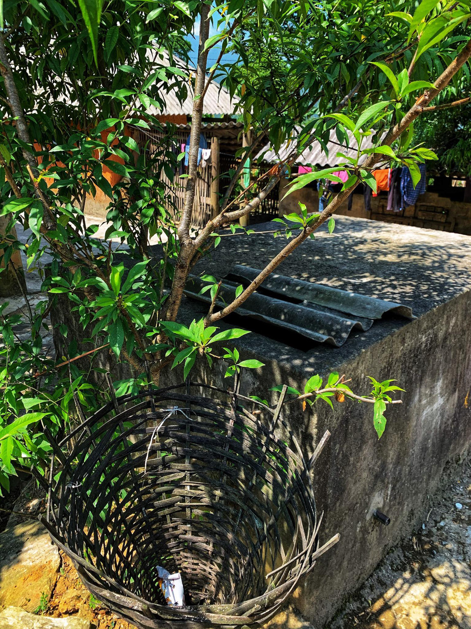 Không chỉ giữ được đường đi lối xóm sạch sẽ, người dân ở Choản Thèn có đan những sọt rác 'thân thiện môi trường' như thế này để giữ gìn vệ sinh chung. (Ảnh: Xuân Mai/Vietnam+)