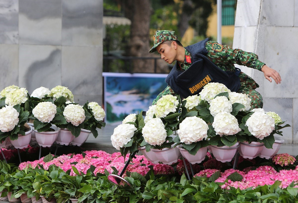 Lực lượng rà phá bom mìn thuộc Bộ Tư lệnh Binh chủng Công binh kiểm tra địa điểm diễn ra các hoạt động của Hội nghị thượng đỉnh Mỹ-Triều Tiên lần thứ hai. (Ảnh: Dương Giang/TTXVN)