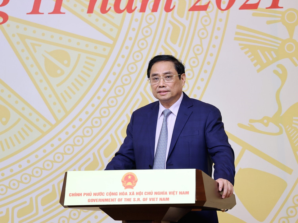 Thủ tướng Phạm Minh Chính phát biểu tại buổi gặp mặt. (Ảnh: Dương Giang/TTXVN)