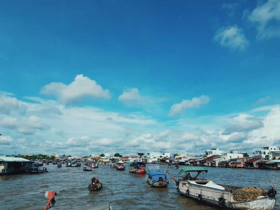 Chắc chắn rồi, đến Cần Thơ không thể không đi chợ nổi vừa thưởng thức sản vật địa phương vừa đắm mình vào không gian sông nước mênh mông. (Ảnh: Anh Tùng/Vietnam+)