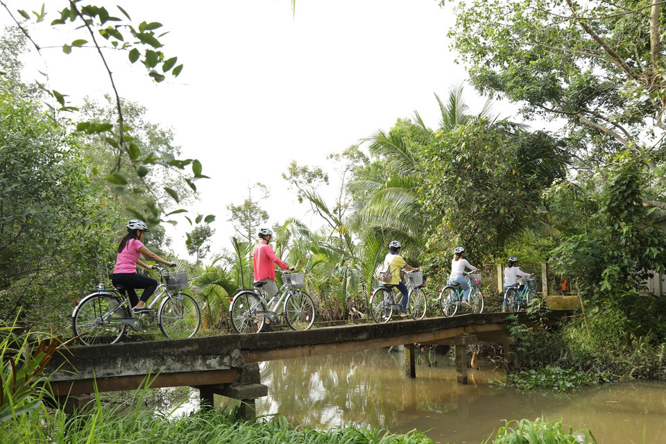 Hành trình sẽ tiếp tục đi qua những chiếc cầu lắt lẻo giữa cù lao miệt vườn mướt xanh. (Ảnh: Anh Tùng/Vietnam+)