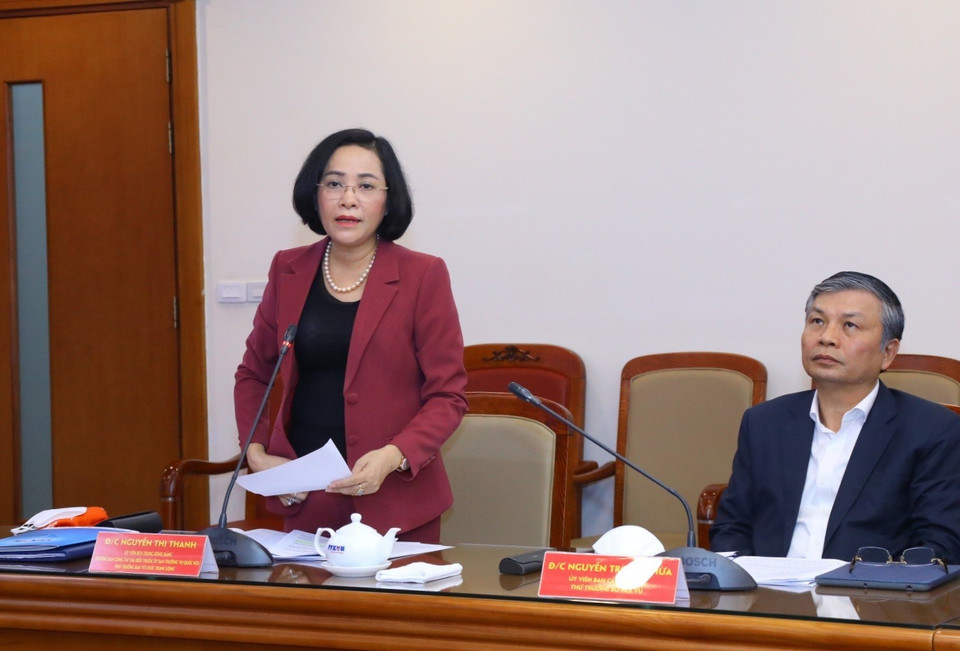 Bà Nguyễn Thị Thanh, Ủy viên Trung ương Đảng, Phó Trưởng Ban Tổ chức Trung ương, Trưởng Ban Công tác đại biểu của Quốc hội phát biểu. (Ảnh: Văn Điệp/TTXVN)