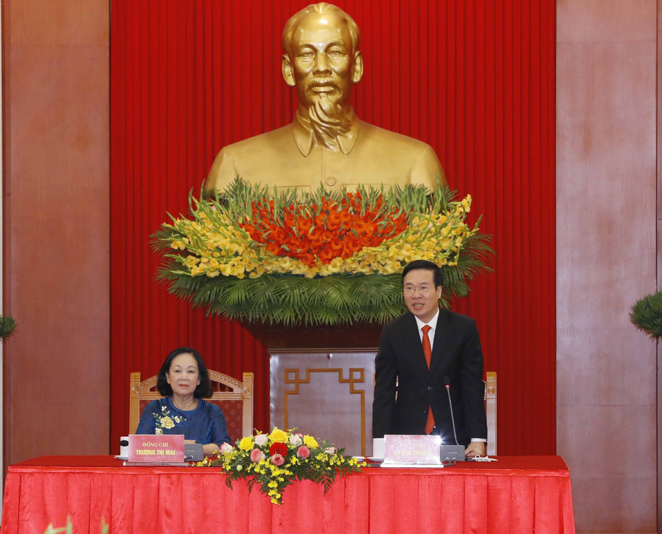 Ông Võ Văn Thưởng, Ủy viên Bộ Chính trị, Thường trực Ban Bí thư phát biểu tại hội nghị. (Ảnh: Phương Hoa/TTXVN)