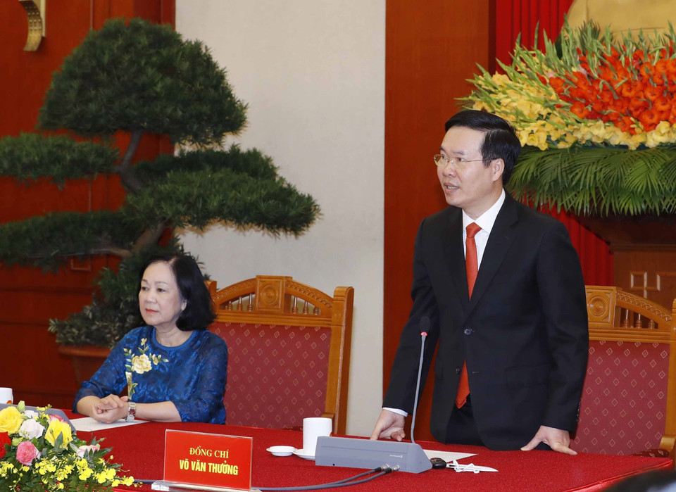 Ông Võ Văn Thưởng, Ủy viên Bộ Chính trị, Thường trực Ban Bí thư phát biểu. (Ảnh: Phương Hoa/TTXVN)