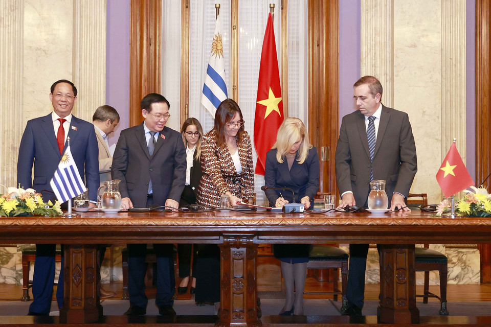 Bà Beatriz Argimon, Chủ tịch Thượng viện Uruguay ký thoả thuận. (Ảnh: Doãn Tấn/TTXVN)